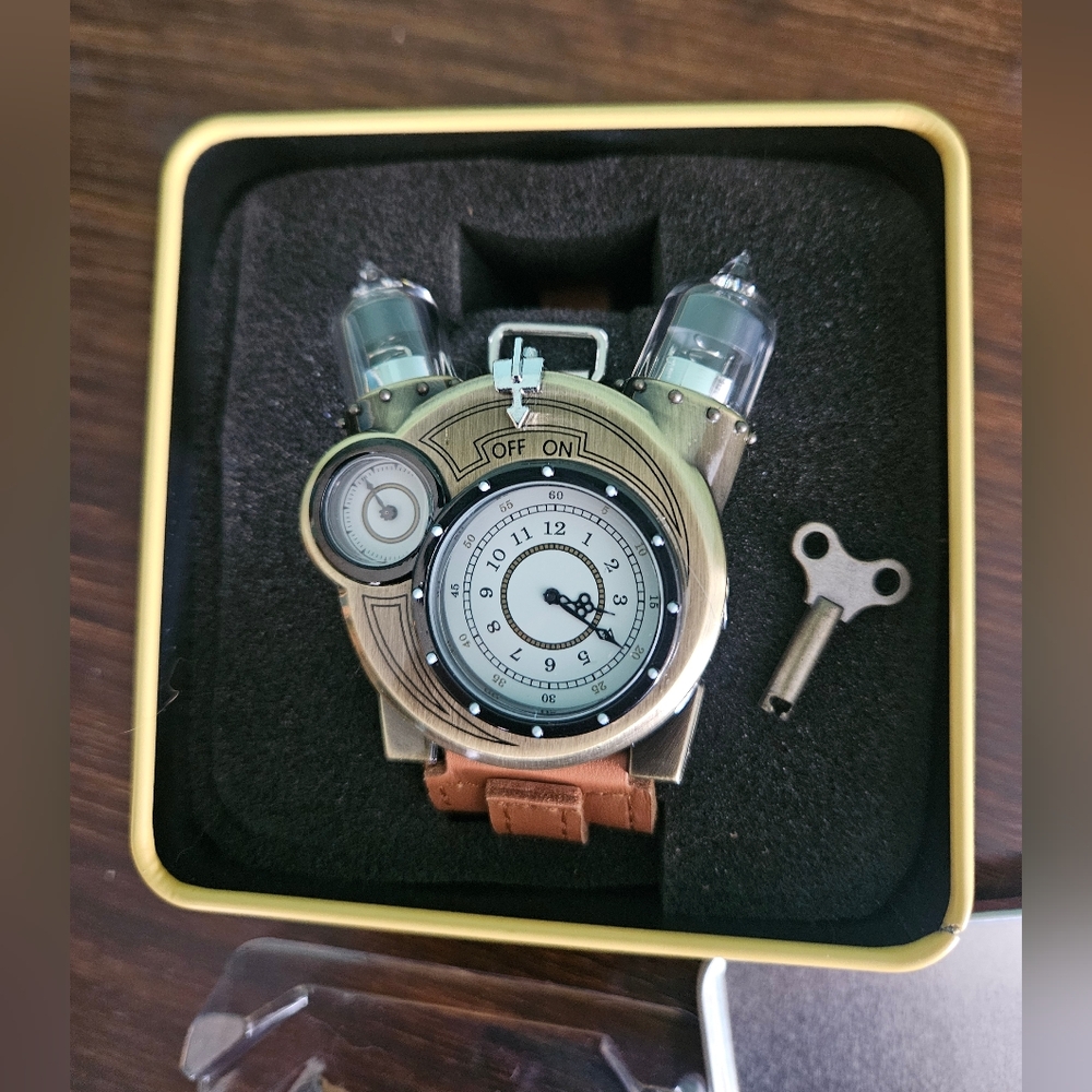 Steampunk Tesla Analog Watch With Metal Findings And Leather Strap